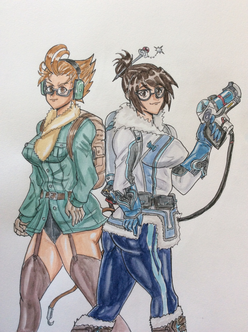 absurdres, ass, backpack, bag, breasts, cheek-to-cheek, freeze_gun, fur_collar