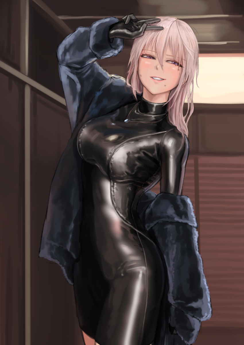 1girl, arm_up, bodysuit, breasts, coat, cowboy_shot, dirty_face, hair_between_eyes