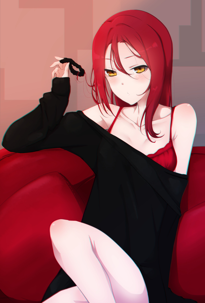 1girl, absurdres, bangs, black_scrunchie, black_sweater, blush, bra, chromatic_aberration, collarbone, commentary_request, couch, cushion, dress, half-closed_eyes, highres, holding, knee_up, long_hair, long_sleeves, looking_at_viewer, love_live!, love_live!_sunshine!!, nasuno_(nasuno42), off_shoulder, orange_eyes, red_bra, redhead, sakurauchi_riko, scrunchie, scrunchie_removed, sitting, sleeves_past_wrists, solo, sweater, sweater_dress, underwear