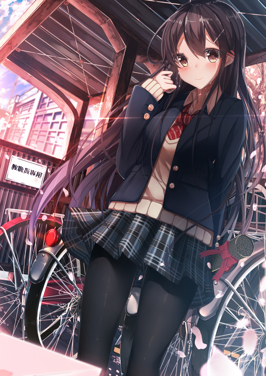 1girl, absurdres, ai_ai_gasa, arm_up, bangs, bicycle, black_legwear, blazer