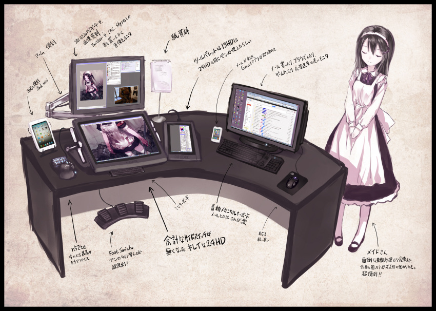 1girl, apron, armband, blood, cellphone, closed_eyes, closed_mouth, commentary_request, computer, crowbar, desk, drawing_tablet, dress, firefox, gmail, hair_between_eyes, hair_ornament, hair_ribbon, hairclip, highres, ipad, iphone, irc, keyboard_(computer), kiran, logitech, maid, maid_apron, maid_dress, maid_headdress, monitor, mouse_(computer), mousepad, original, paper, phone, purple_dress, purple_ribbon, ribbon, sai, simple_background, smartphone, tablet_pc, translation_request, wacom, white_legwear, white_ribbon, windows_vista