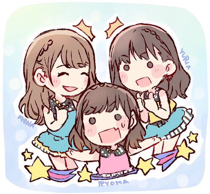 /\/\/\, 3girls, akb48, aqua_dress, bangs, black_hair, braid, brown_hair