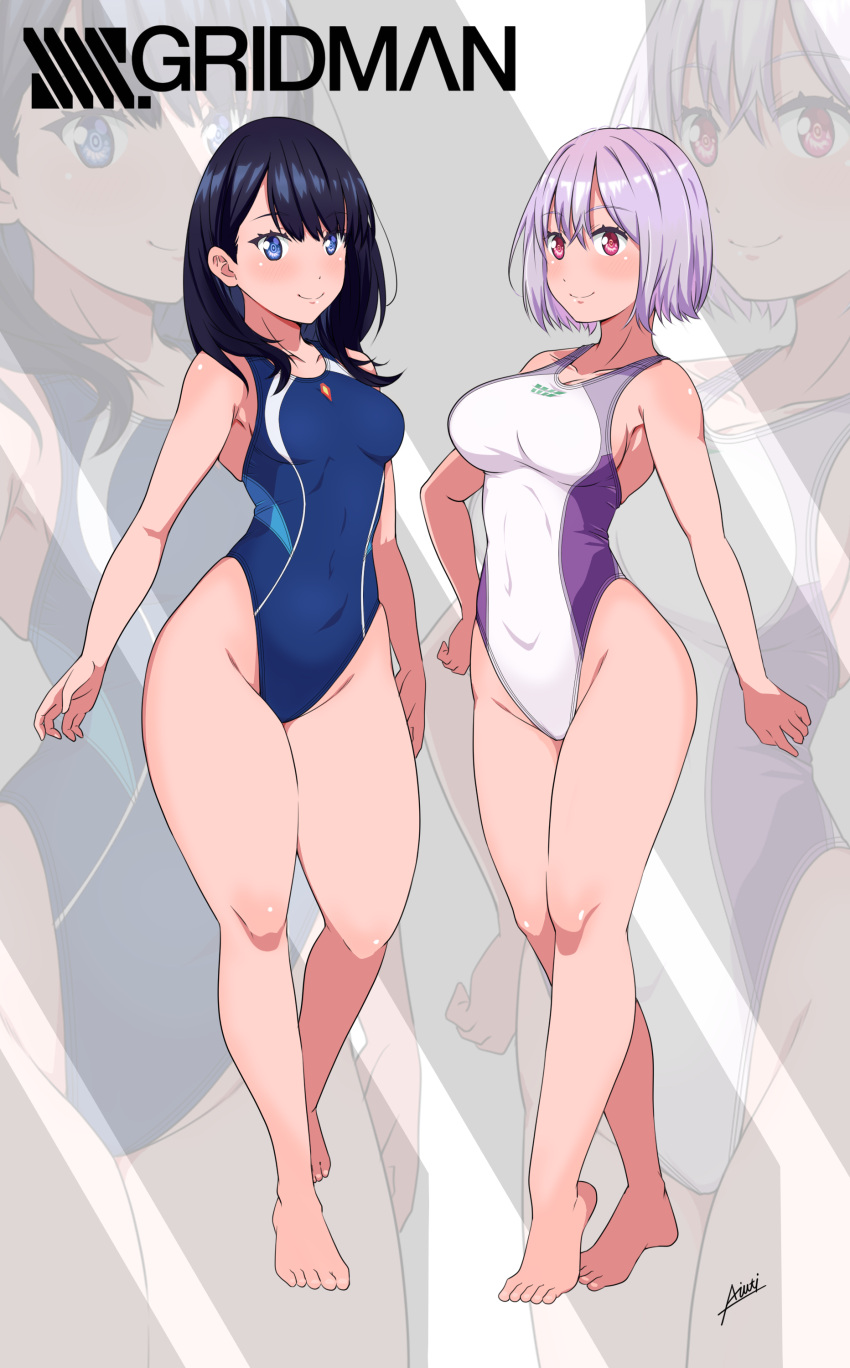 2girls, absurdres, aiuchi, bangs, bare_legs, black_hair, blue_eyes, blue_swimsuit, blush, breasts, closed_mouth, commentary_request, competition_swimsuit, covered_navel, eyebrows_visible_through_hair, full_body, highleg, highres, large_breasts, lavender_hair, long_hair, medium_breasts, multiple_girls, one-piece_swimsuit, red_eyes, shinjou_akane, shiny, shiny_hair, shiny_skin, short_hair, ssss.gridman, standing, straight_hair, swimsuit, takarada_rikka, thighs, white_swimsuit, zoom_layer