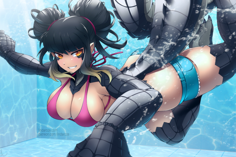1girl, alina_pegova, black_hair, blue_shorts, breasts, commentary, crocodile_tail, double_bun