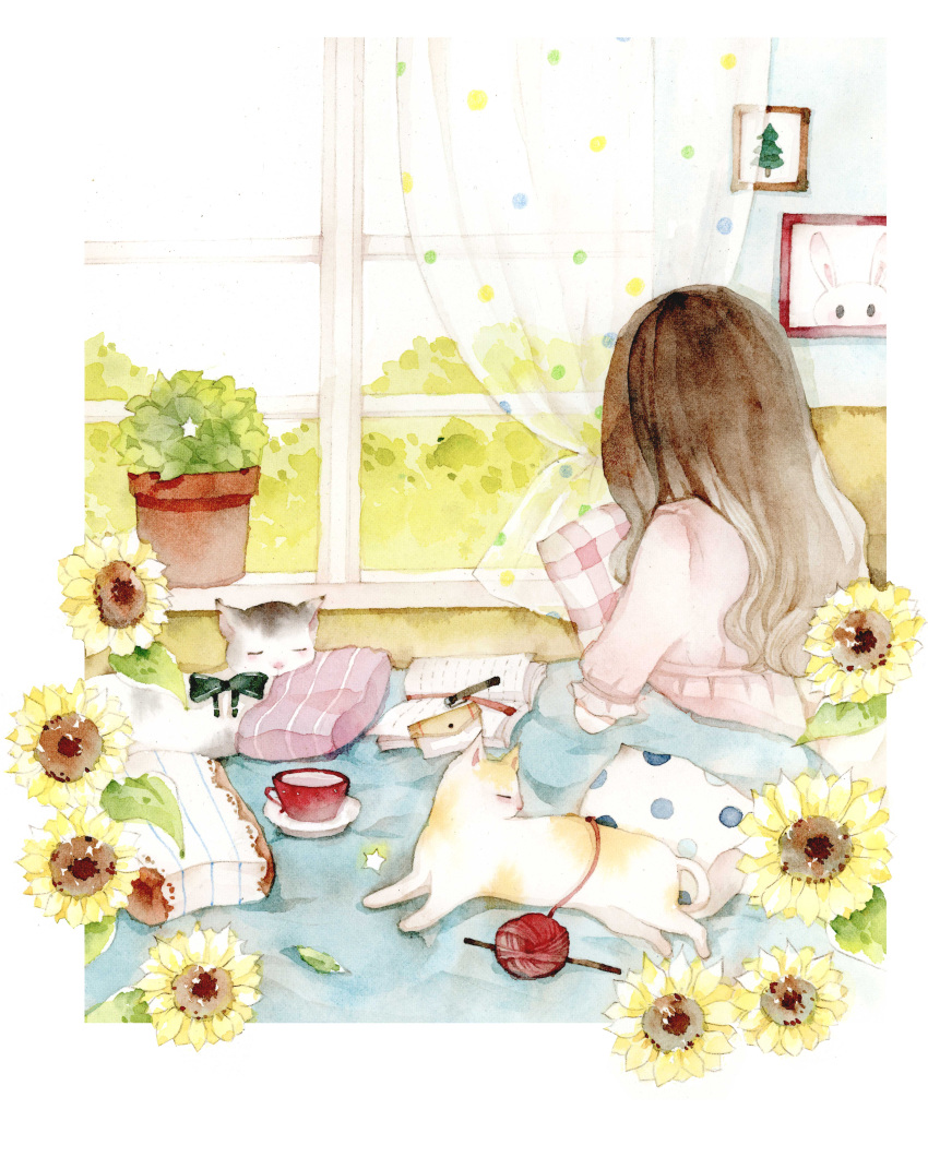 1girl, absurdres, bed, book, brown_hair, cat, chinese_commentary, coin_purse