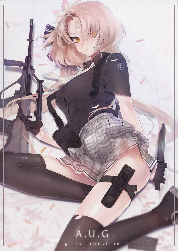 1girl, anchovy_(artist), ass, assault_rifle, aug_(girls_frontline), bullpup, flash_hider, flower