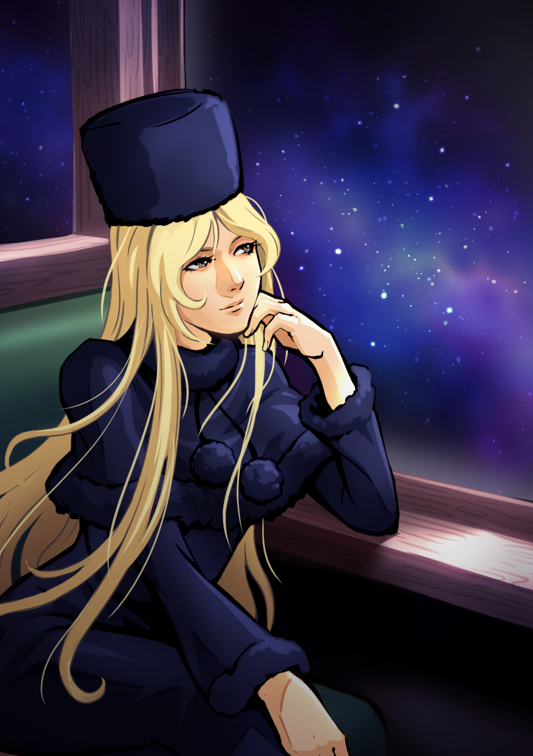 1girl, arm_rest, blonde_hair, blue_coat, blue_headwear, brown_eyes, coat, fur_hat