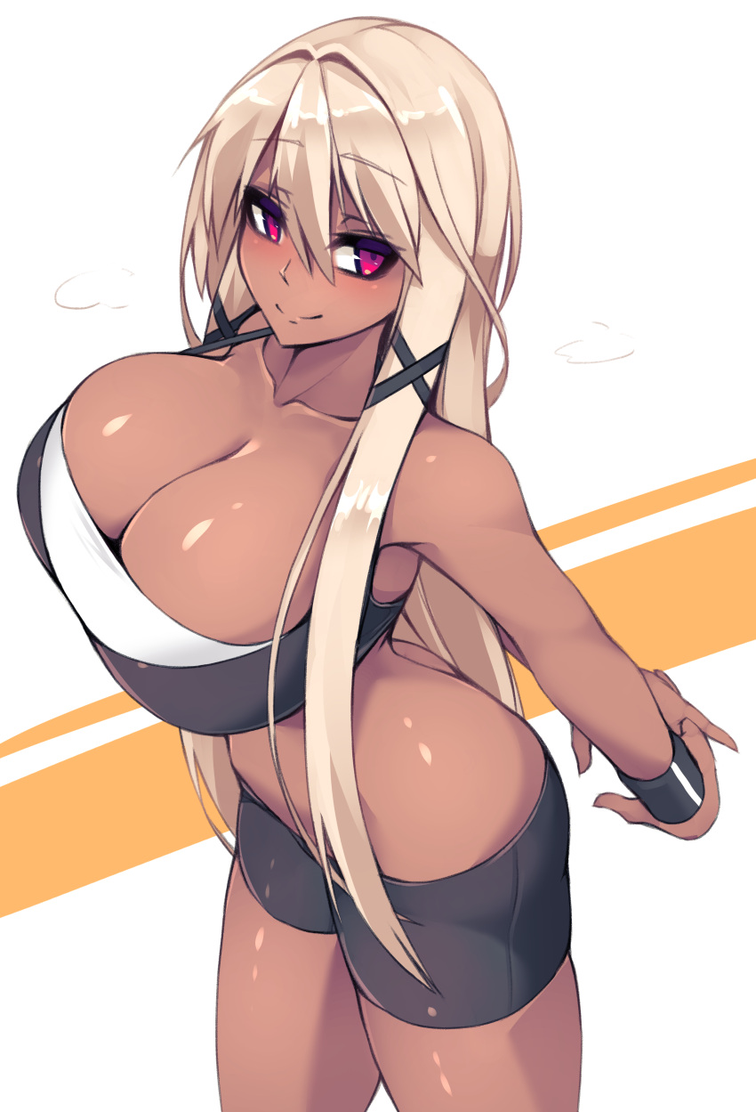 1girl, absurdres, arched_back, arms_behind_back, bangs, bare_shoulders, blonde_hair, breasts