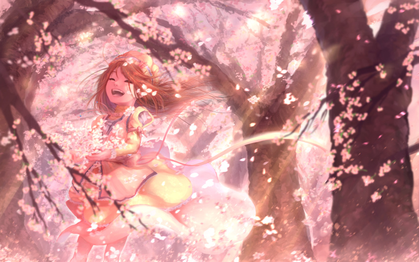 1girl, brown_hair, cherry_blossoms, closed_eyes, cyasha, day, dress, facing_viewer