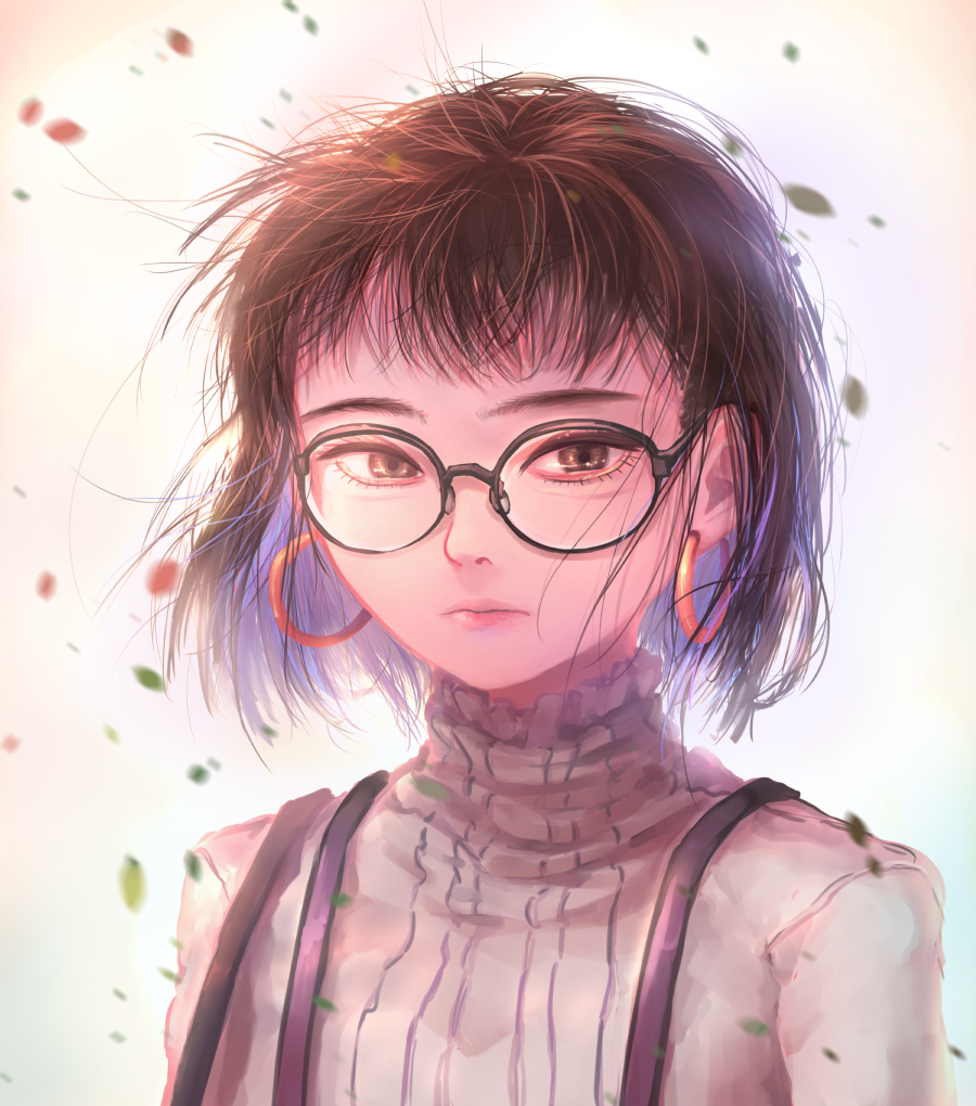 1girl, black-framed_eyewear, brown_eyes, brown_hair, cyasha, earrings, glasses, hoop_earrings