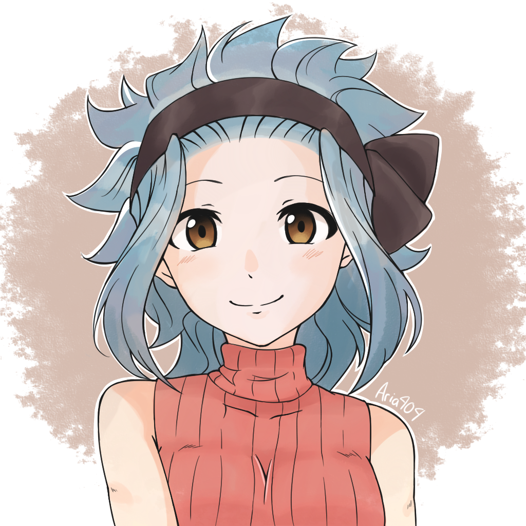 1girl, aria_404, black_hairband, blue_hair, brown_eyes, fairy_tail, hairband, levy_mcgarden, looking_at_viewer, portrait, red_vest, ribbed_sweater, short_hair, smile, solo, sweater, vest