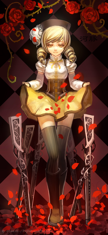 1girl, bangs, black_legwear, blonde_hair, boots, brown_footwear, checkered, checkered_background