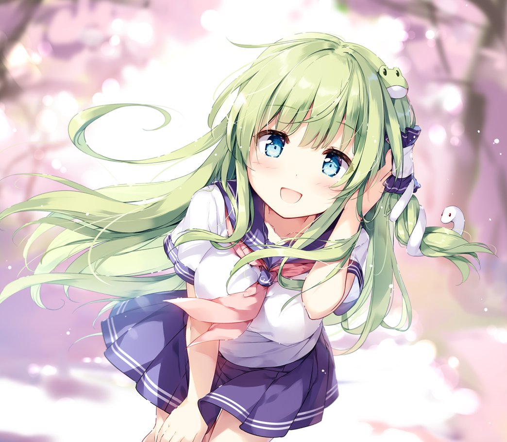 1girl, alternate_costume, alternate_outfit, bent_over, blue_eyes, blue_skirt, blush, breast, collar, collar_bone, frog_hair_ornament, green_hair, hair_tube, hand_on_hair, hand_on_thigh, kochiya_sanae, long_hair, miniskirt, miyase_mahiro, neckerchief, open_mouth, outdoors, sailor_uniform, sakura_leaves, school_uniform, schoolgirl, seifuku, serafuku, short_sleeves, skirt, smile, snake_hair_ornament, solo, sunlight, tongue, touhou