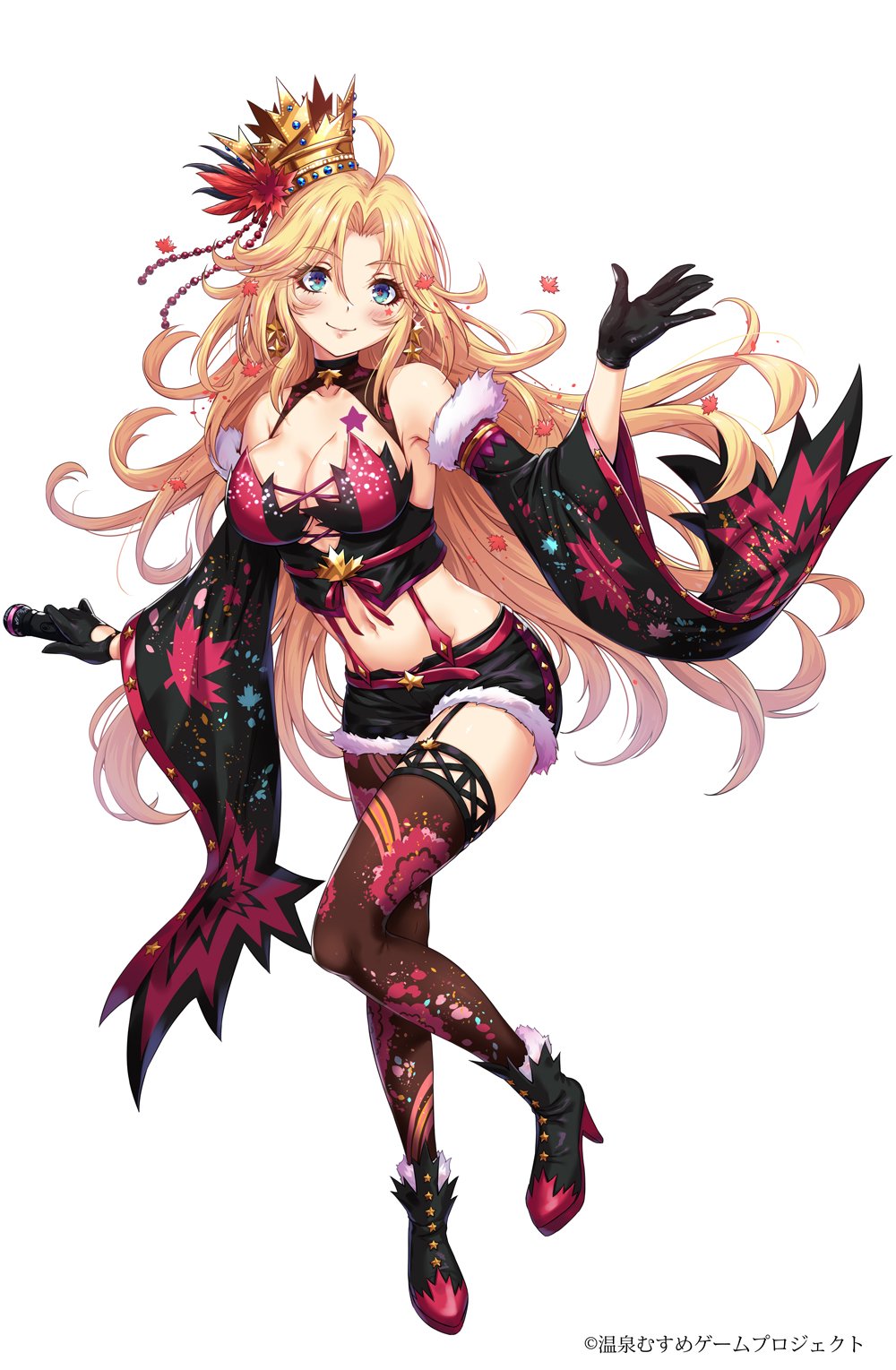 1girl, ahoge, alternate_costume, autumn_leaves, bangs, bare_shoulders, black_crop_top, black_gloves