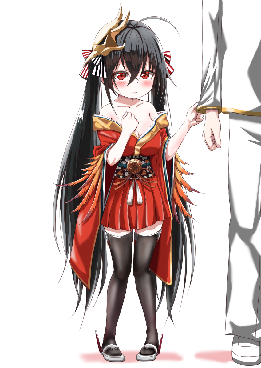 1boy, 1girl, ahoge, azur_lane, bare_shoulders, black_hair, black_legwear, breasts, cleavage, collarbone, commander_(azur_lane), commentary_request, hair_between_eyes, japanese_clothes, kimono, long_hair, long_sleeves, mask, mask_on_head, military, military_uniform, off_shoulder, oppai_loli, pants, red_eyes, red_kimono, size_difference, sleeve_pull, taihou_(azur_lane), thigh-highs, twintails, uniform, user_ujzx4875, very_long_hair, white_footwear, younger