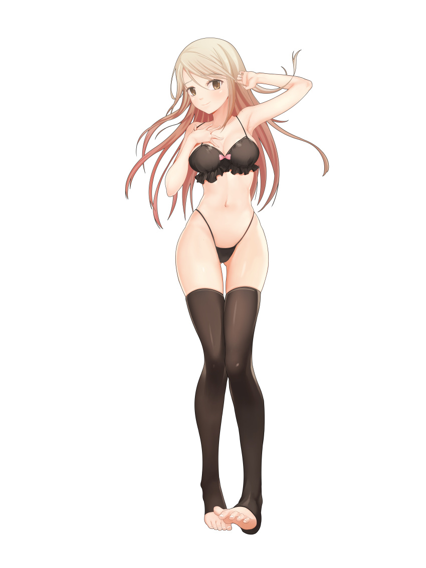 1girl, absurdres, armpits, bangs, barefoot, black_bra, black_legwear, black_panties