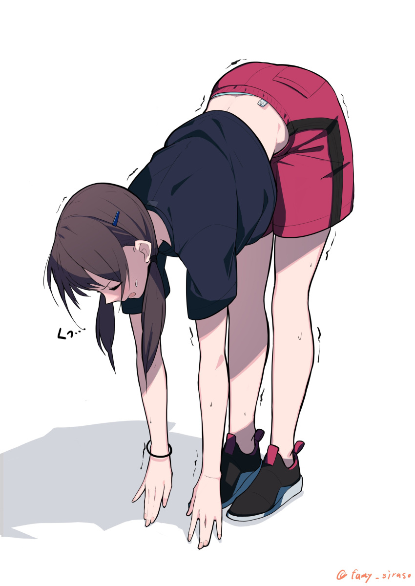 1girl, absurdres, bent_over, black_footwear, black_shirt, blue_panties, bracelet, brown_hair