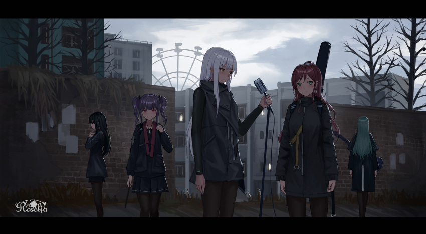 5girls, aqua_hair, bang_dream!, black_hair, blush, brick_wall, building, chernobyl, clouds, cloudy_sky, earrings, ferris_wheel, green_eyes, guitar, highres, hikawa_sayo, imai_lisa, instrument, jacket, jewelry, letterboxed, long_hair, microphone, minato_yukina, multiple_girls, nail_polish, overgrown, pantyhose, pink_eyes, pleated_skirt, poster_(object), pripyat, purple_hair, redhead, roselia_(bang_dream!), shirokane_rinko, silver_hair, skirt, sky, tree, twintails, udagawa_ako, yellow_eyes, yurichtofen
