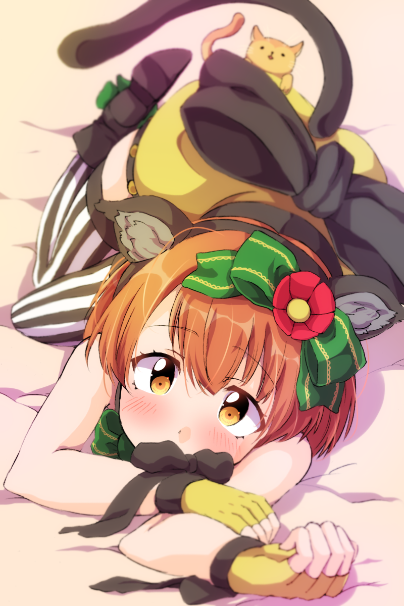 1girl, animal_ears, back_bow, black_bow, black_footwear, black_ribbon, blue_eyes, blush, boots, bow, bowtie, cat, cat_ears, cat_on_ass, cat_tail, covering_mouth, fake_animal_ears, fingerless_gloves, flower, gloves, green_bow, green_neckwear, hair_bow, hair_flower, hair_ornament, highres, hoshizora_rin, looking_at_viewer, love_live!, love_live!_school_idol_festival, love_live!_school_idol_project, lying, on_stomach, orange_hair, red_flower, ribbon, sen_(sen0910), short_hair, shorts, solo, striped, striped_legwear, tail, thigh-highs, vertical-striped_legwear, vertical_stripes, wrist_ribbon, yellow_eyes, yellow_gloves, yellow_shorts