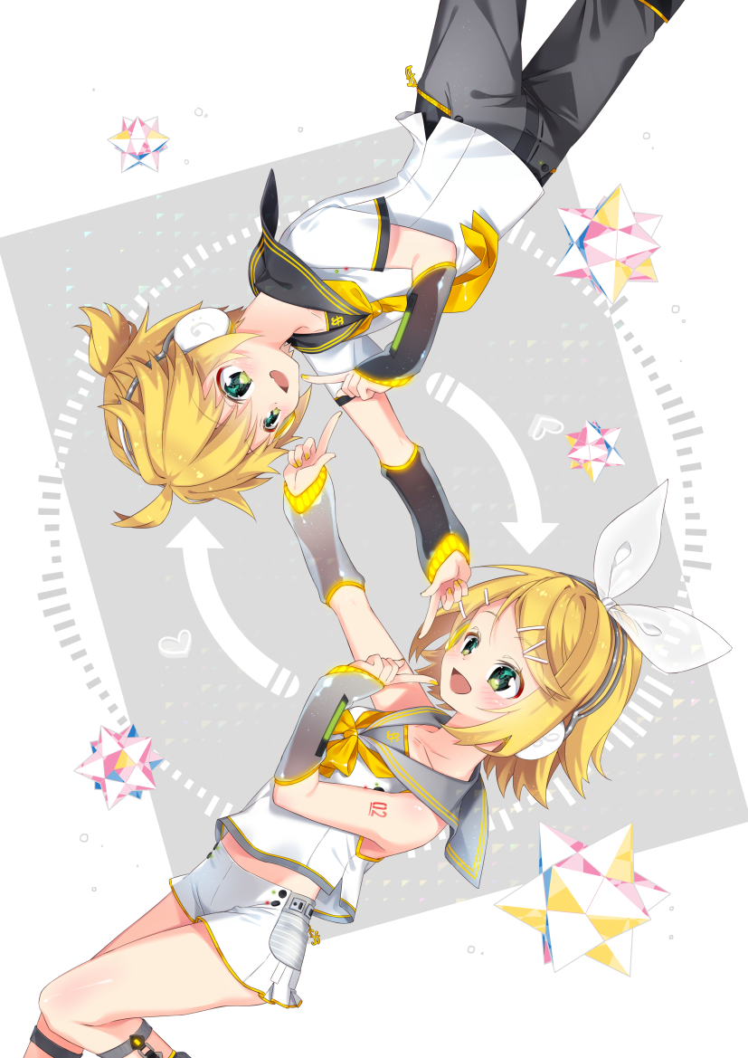 1boy, 1girl, arami_o_8, arrow, black_sleeves, blonde_hair, bow, collarbone