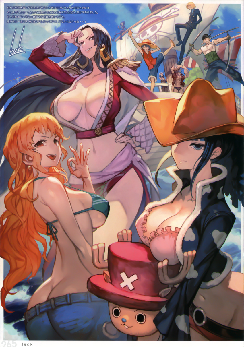 3girls, 6+boys, :d, ^_^, absurdres, artist_name, bikini_top, black_hair