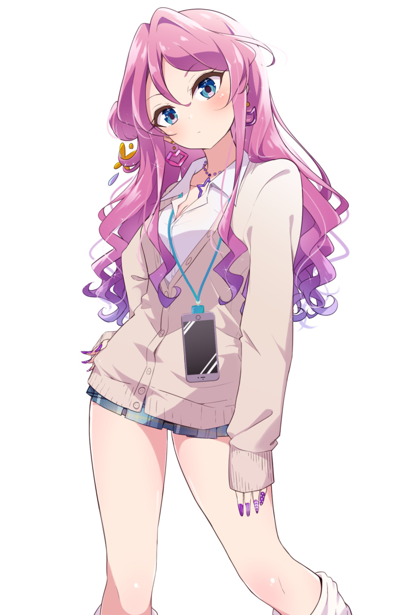 1girl, aikatsu!_(series), aikatsu_friends!, blue_eyes, blush, bokkun_(doyagaobyo), breasts, butterfly_hair_ornament, cardigan, cat_earrings, cellphone, chouno_maika, cleavage, collared_shirt, commentary_request, earrings, fashion, gradient_hair, gyaru, hair_between_eyes, hair_bun, hair_ornament, hand_on_hip, highres, jewelry, kogal, long_hair, long_sleeves, looking_at_viewer, loose_socks, multicolored_hair, nail_art, nail_polish, necklace, phone, pink_hair, plaid, plaid_skirt, purple_hair, school_uniform, shirt, simple_background, skirt, sleeves_past_wrists, small_breasts, smartphone, solo, sparkle, sparkling_eyes, star, star_necklace, unbuttoned, unbuttoned_shirt, wavy_hair, white_background, white_shirt