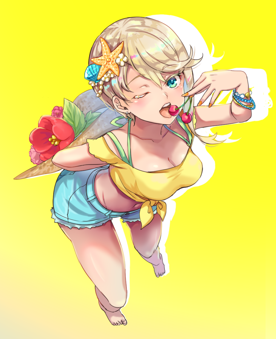 1girl, arm_behind_back, bare_arms, bare_legs, barefoot, blue_shorts, blush, breasts, cherry, cleavage, collarbone, commentary, commentary_request, earrings, eating, english_commentary, eyebrows_visible_through_hair, flower, food, fruit, hair_flower, hair_ornament, jewelry, kicori, midriff, nail_polish, navel, one_eye_closed, orange_nails, original, pink_flower, red_flower, seashell_hair_ornament, shirt, short_hair, shorts, solo, star, star_hair_ornament, teeth, tongue, tongue_out, wristband, yellow_shirt