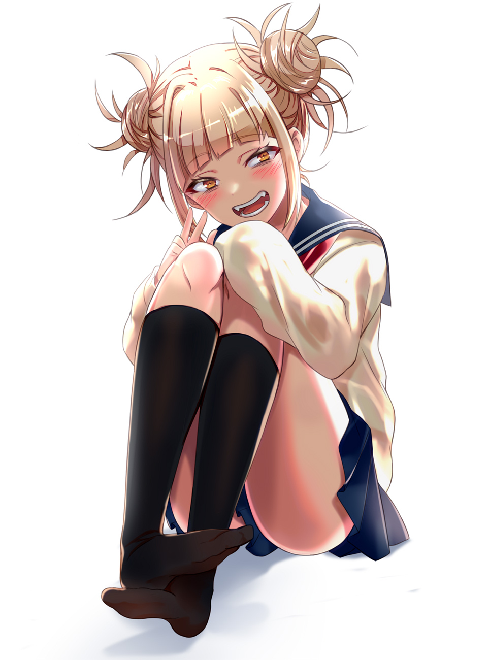 1girl, bangs, black_legwear, blonde_hair, blunt_bangs, blush, boku_no_hero_academia, cardigan, commentary_request, dot_nose, double_bun, eyebrows_visible_through_hair, fangs, highres, kicori, kneehighs, long_sleeves, looking_at_viewer, messy_hair, no_shoes, pleated_skirt, school_uniform, serafuku, short_hair, simple_background, sitting, skirt, smile, solo, teeth, toga_himiko, v, white_background, yellow_eyes