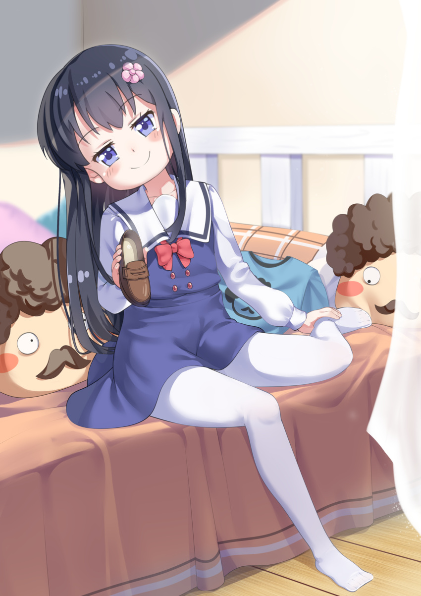 1girl, bangs, bed, black_hair, blue_dress, blue_eyes, blurry, blurry_background, blush_stickers, brown_footwear, closed_mouth, commentary_request, curtains, depth_of_field, dress, eyebrows_visible_through_hair, flower, full_body, hair_flower, hair_ornament, head_tilt, higero_(wataten), highres, holding, holding_shoes, indoors, loafers, long_hair, long_sleeves, no_shoes, on_bed, pantyhose, pillow, pink_flower, sailor_collar, sailor_dress, school_uniform, shirosaki_hana, shirt, shoes, shoes_removed, sitting, sitting_on_bed, sleeveless, sleeveless_dress, smile, solo, too-ye, transparent, very_long_hair, watashi_ni_tenshi_ga_maiorita!, white_legwear, white_sailor_collar, white_shirt, wooden_floor