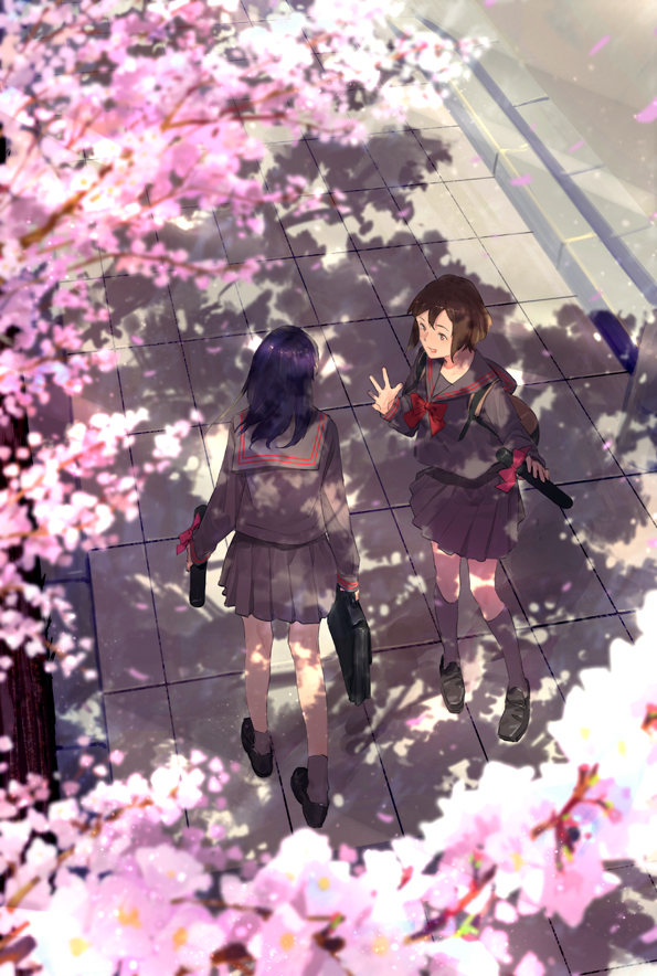 2girls, backpack, bag, black_hair, blurry, brown_hair, cherry_blossoms, commentary, dappled_sunlight, depth_of_field, diploma, from_above, graduation, hand_up, happy, kneehighs, light_particles, loafers, long_hair, long_sleeves, looking_at_another, multiple_girls, original, petals, road, school_bag, school_uniform, serafuku, shoes, short_hair, sidewalk, smile, somehira_katsu, street, sunlight, tree, tube, walking, walking_backwards