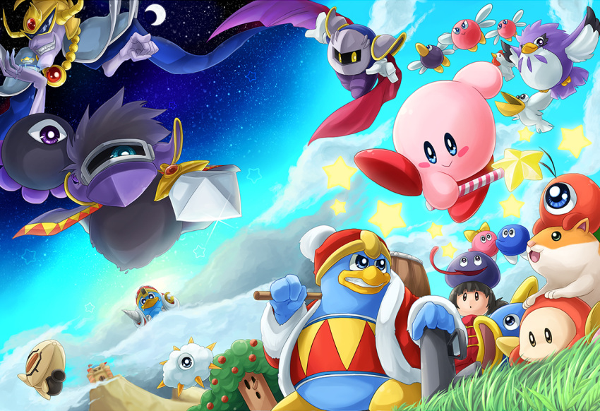 blue_sky, clouds, coo_(kirby), dark_matter, darkpot, gooey, grass, grin