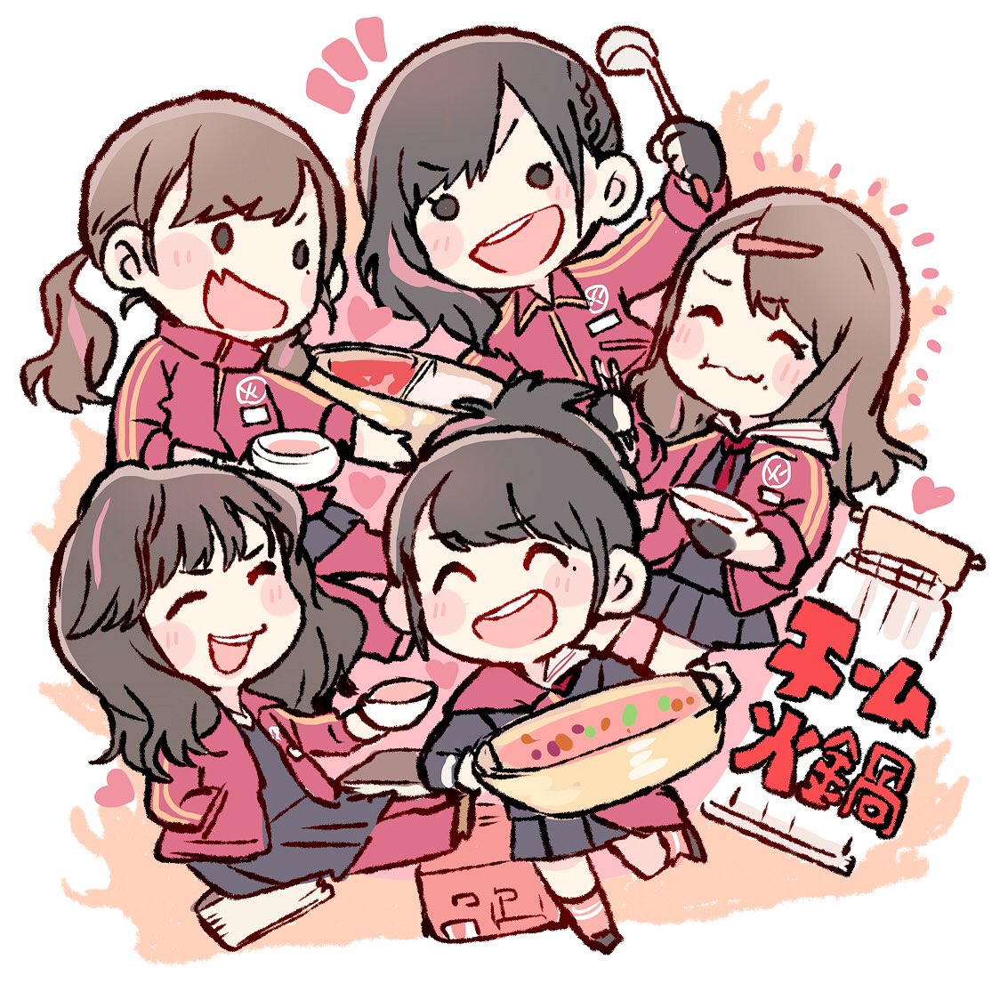 5girls, :d, ^_^, akb48, bangs, black_eyes, black_gloves, black_hair