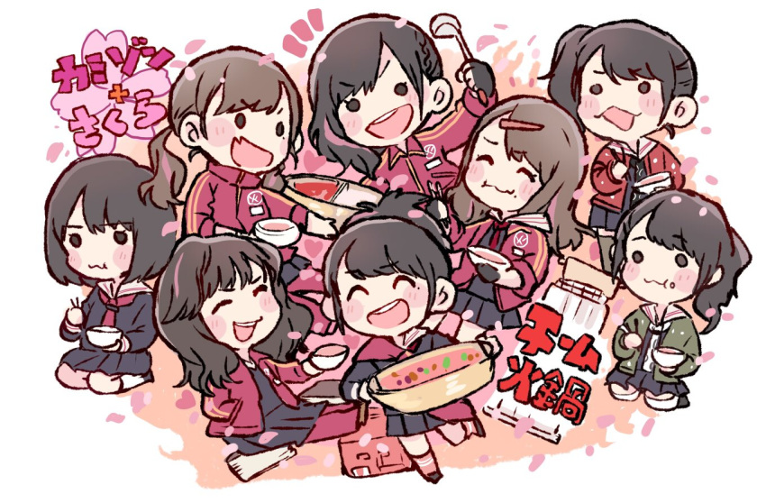 6+girls, :d, ^_^, akb48, bangs, black_eyes, black_gloves, black_hair