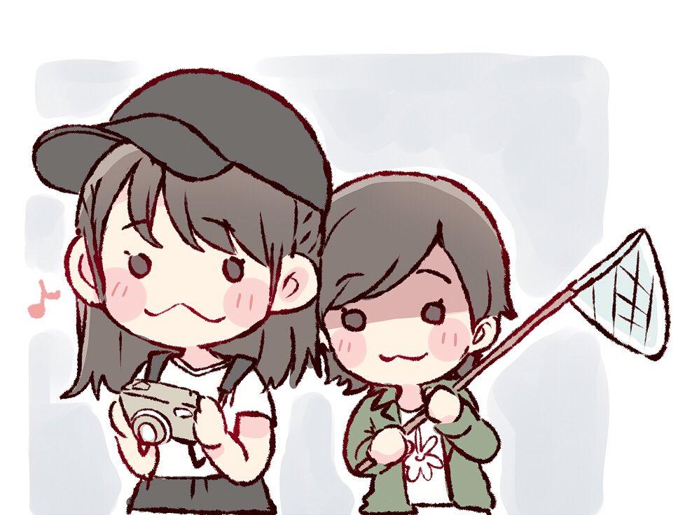 2girls, :3, akb48, bangs, baseball_cap, black_eyes, black_hair, black_headwear