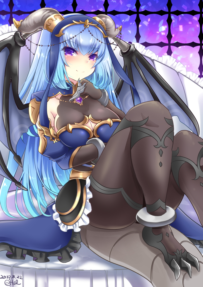 1girl, black_wings, blue_hair, blue_skirt, bracelet, breast_lift, breasts, brown_legwear, claws, cleavage, dated, dragon_girl, hal_(harun), hand_up, horns, jewelry, large_breasts, long_hair, looking_at_viewer, meliusiana, pantyhose, sennen_sensou_aigis, simple_background, sitting, skirt, smile, solo, tail, very_long_hair, violet_eyes, wings