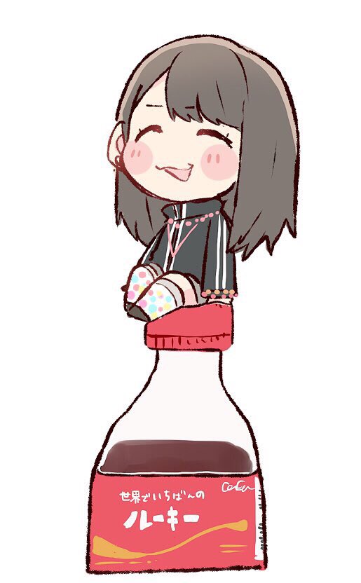 1girl, :d, ^_^, akb48, bangs, black_hair, black_jacket, blush_stickers, chibi, closed_eyes, closed_eyes, coca-cola, commentary_request, earrings, jacket, jewelry, kawamoto_saya, long_hair, long_sleeves, minigirl, open_mouth, polka_dot, polka_dot_legwear, real_life, simple_background, sitting, sitting_on_object, smile, soda_bottle, solo, taneda_yuuta, track_jacket, white_background