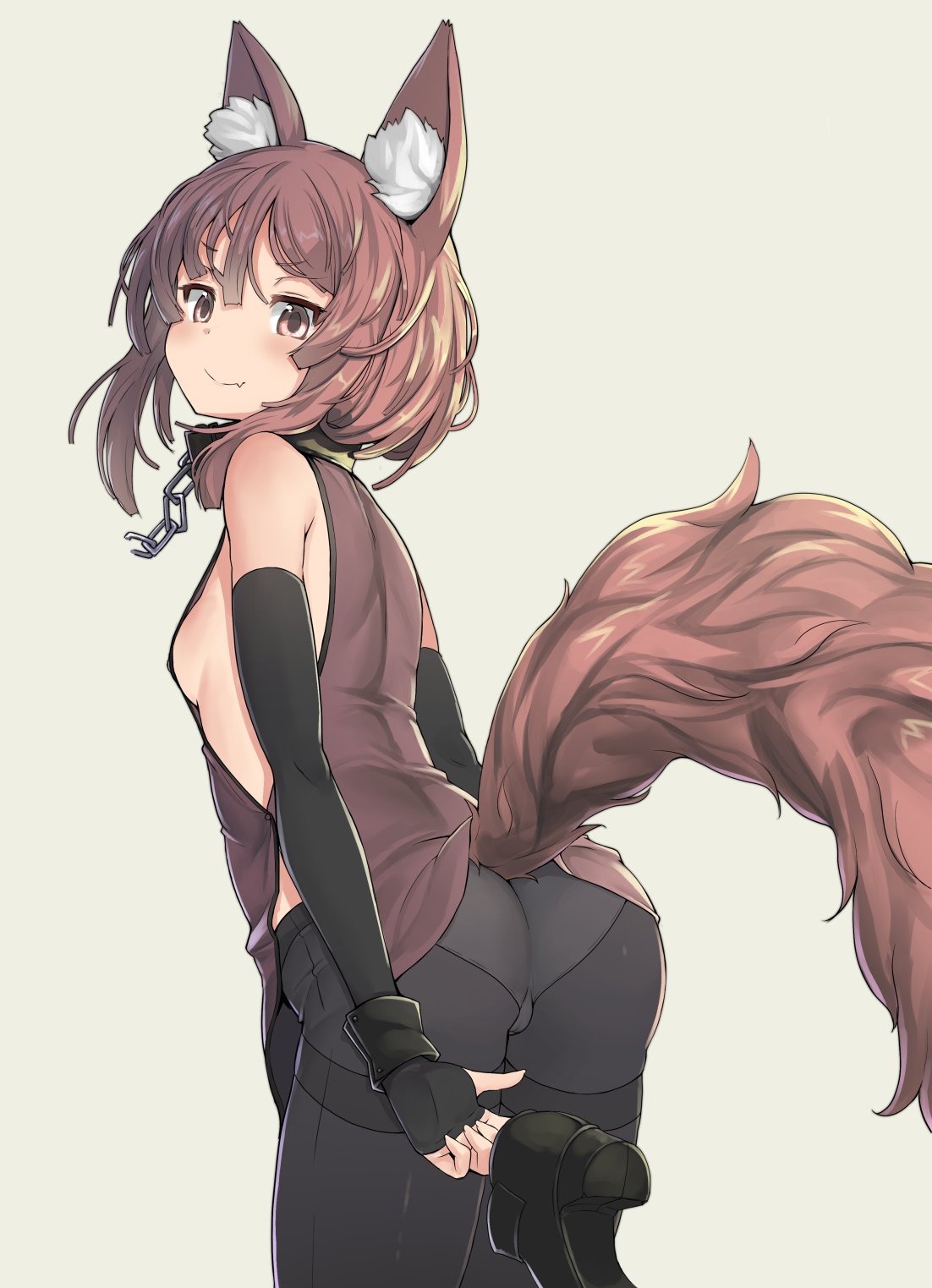 1girl, animal_ear_fluff, animal_ears, black_footwear, blush, breasts, brown_eyes, brown_hair, brown_shirt, choker, commentary_request, dog_ears, dog_girl, dog_tail, fingerless_gloves, from_behind, gloves, highres, holding, holding_shoes, itou_ryuusei, looking_at_viewer, looking_back, medium_hair, messy_hair, no_bra, no_pants, original, panties, panties_under_pantyhose, pantyhose, shirt, shoes, sideboob, simple_background, sleeveless, sleeveless_shirt, small_breasts, solo, tail, thighband_pantyhose, underwear