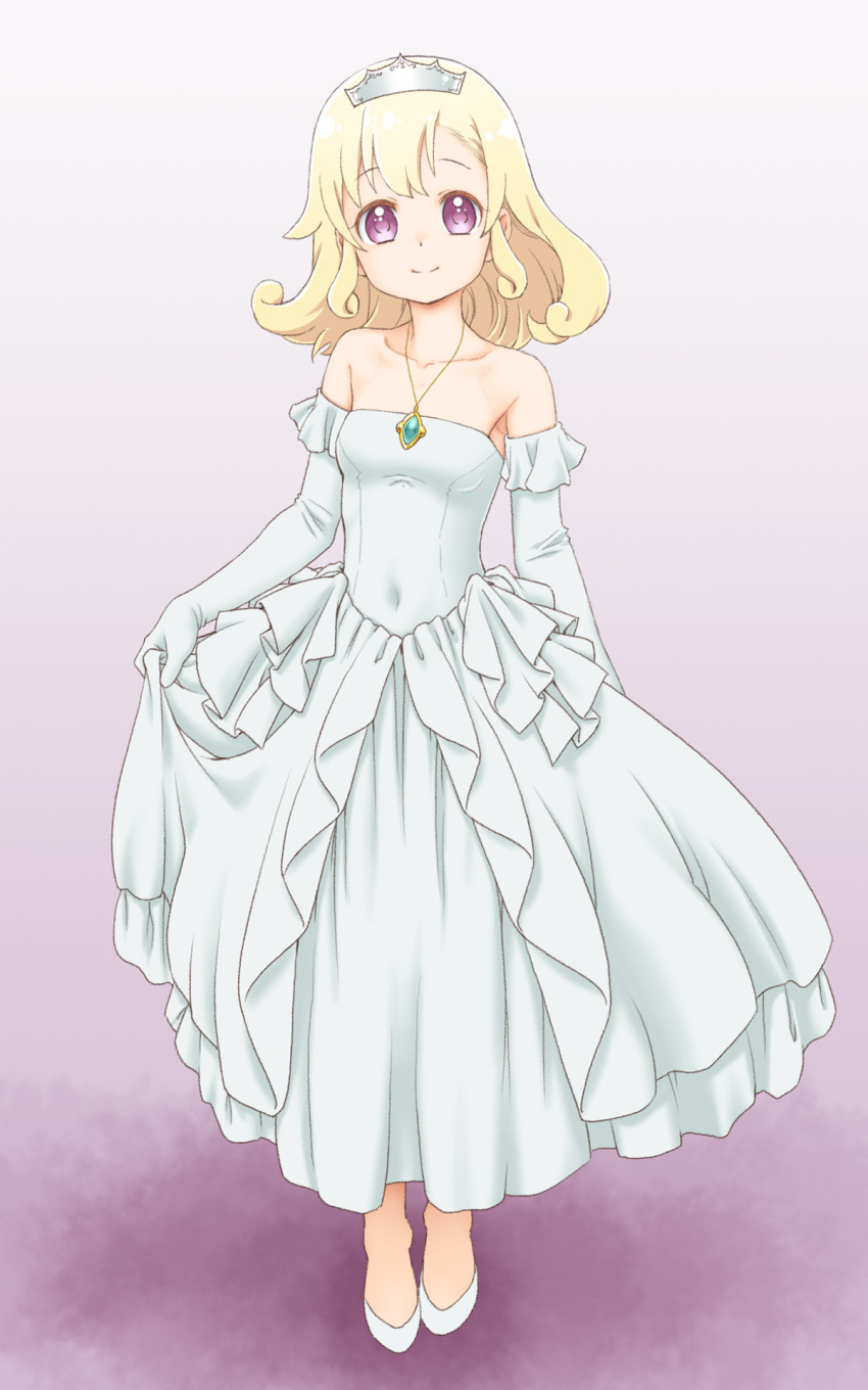 1girl, blonde_hair, dress, elbow_gloves, endro!, fuji_shinobu, gloves, highres, looking_at_viewer, rona_pricipa_o_rabanesta, smile, solo, strapless, strapless_dress, tiara, violet_eyes