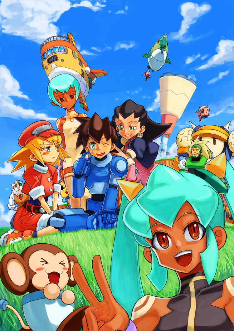 >:(, 3boys, 4girls, :d, ;d, aosa_(momikin), aqua_hair, bare_shoulders