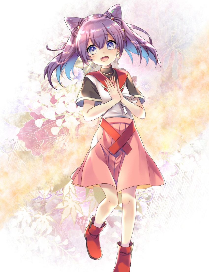 1girl, bangs, blue_eyes, brown_footwear, commentary_request, dot_nose, eyebrows_visible_through_hair, floral_background, flower, future_card_buddyfight, hair_ornament, happy, highres, kicori, long_skirt, looking_at_viewer, medium_hair, mikono_miko, open_mouth, pink_hair, pink_ribbon, pink_skirt, ribbon, shirt, shoes, short_sleeves, skirt, solo, twintails