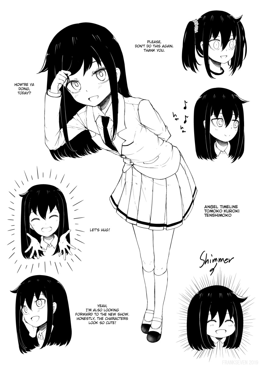 1girl, bangs, english_text, frankseven, full_body, greyscale, highres, kuroki_tomoko