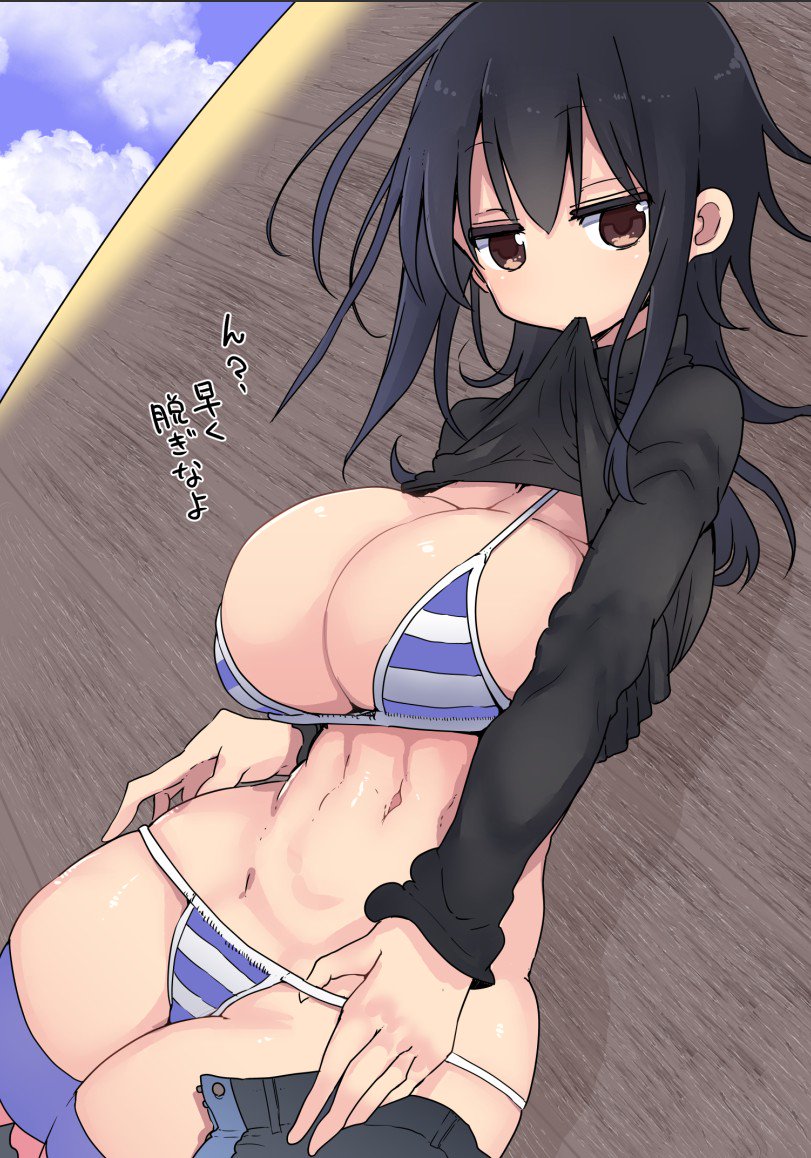 1girl, abs, bangs, bikini, bikini_under_clothes, black_hair, blue_sky, breasts