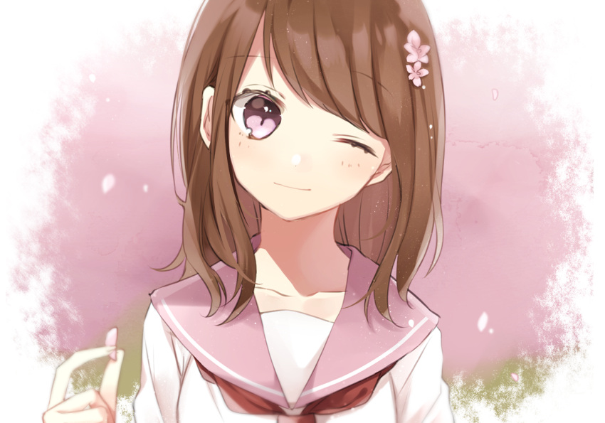 1girl, ;), bangs, blush, brown_hair, closed_mouth, collarbone, commentary_request