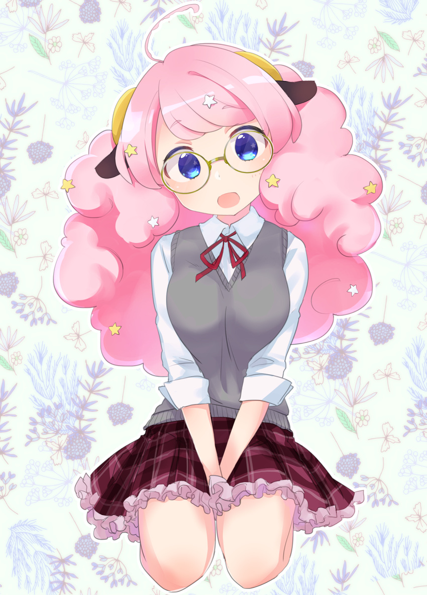 1girl, :d, ahoge, animal_ears, bangs, big_hair, blue_eyes, breast_squeeze