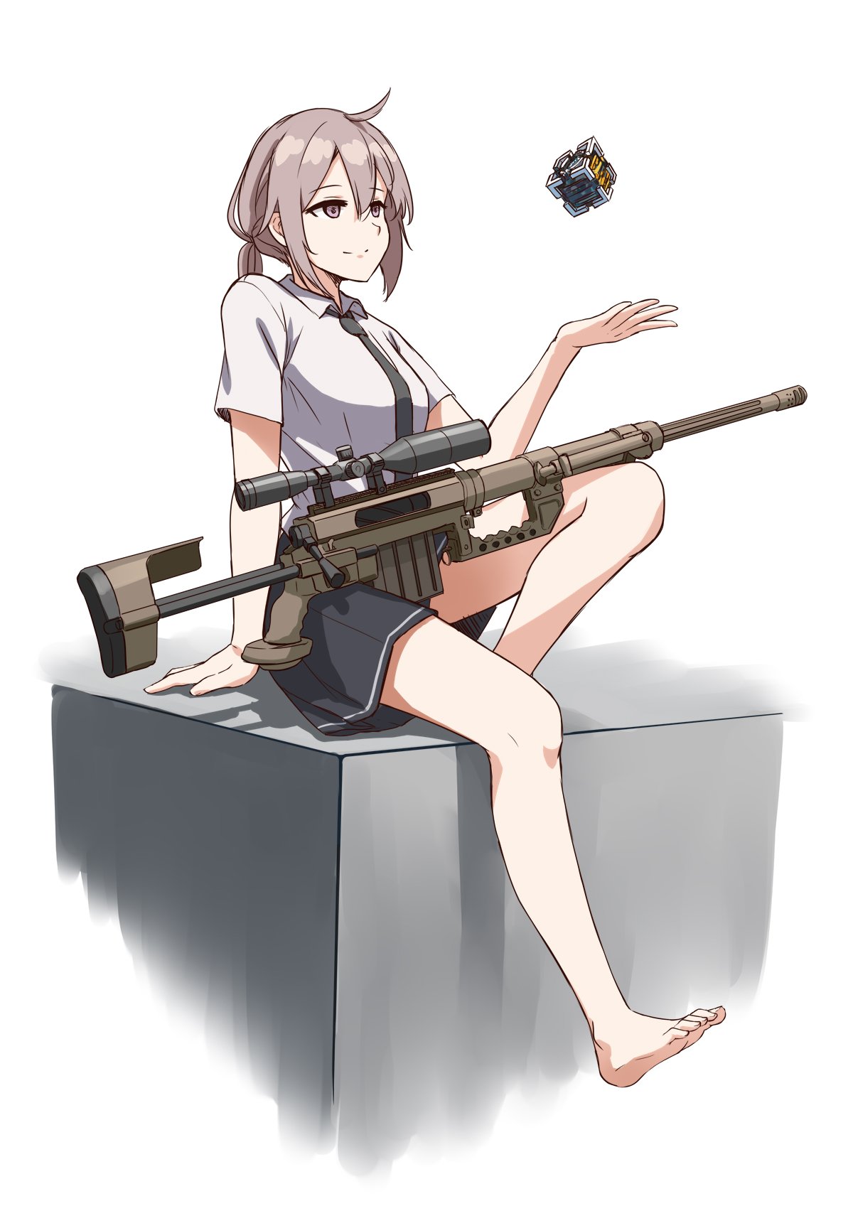 1girl, bare_legs, barefoot, black_skirt, bolt_action, cheytac_m200, core, feet