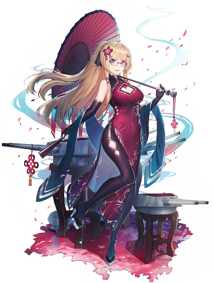 1girl, black_gloves, black_legwear, blonde_hair, breasts, china_dress, chinese_clothes, cleavage