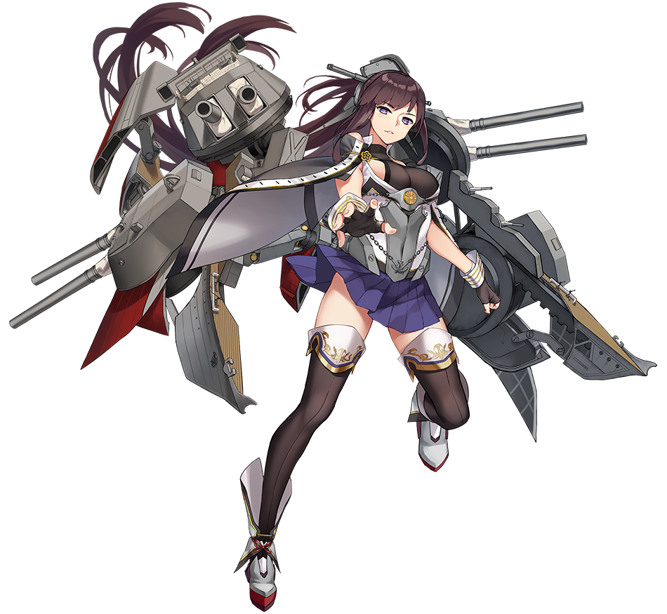 1girl, black_gloves, black_legwear, boots, breasts, brown_hair, fingerless_gloves, full_body, gloves, impossible_clothes, impossible_shirt, kikumon, large_breasts, long_hair, nagato_(warship_girls_r), official_art, pleated_skirt, ponytail, remodel_(warship_girls_r), rigging, shirt, skirt, solo, thigh-highs, transparent_background, turret, underbust, very_long_hair, violet_eyes, warship_girls_r, zi_se