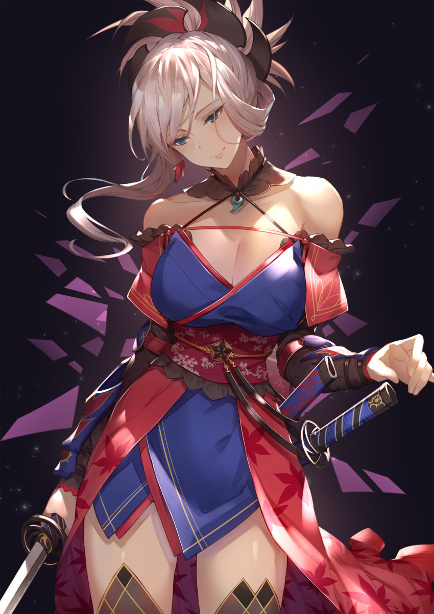 1girl, blue_eyes, blue_kimono, breasts, cleavage, cowboy_shot, fate/grand_order, fate_(series)