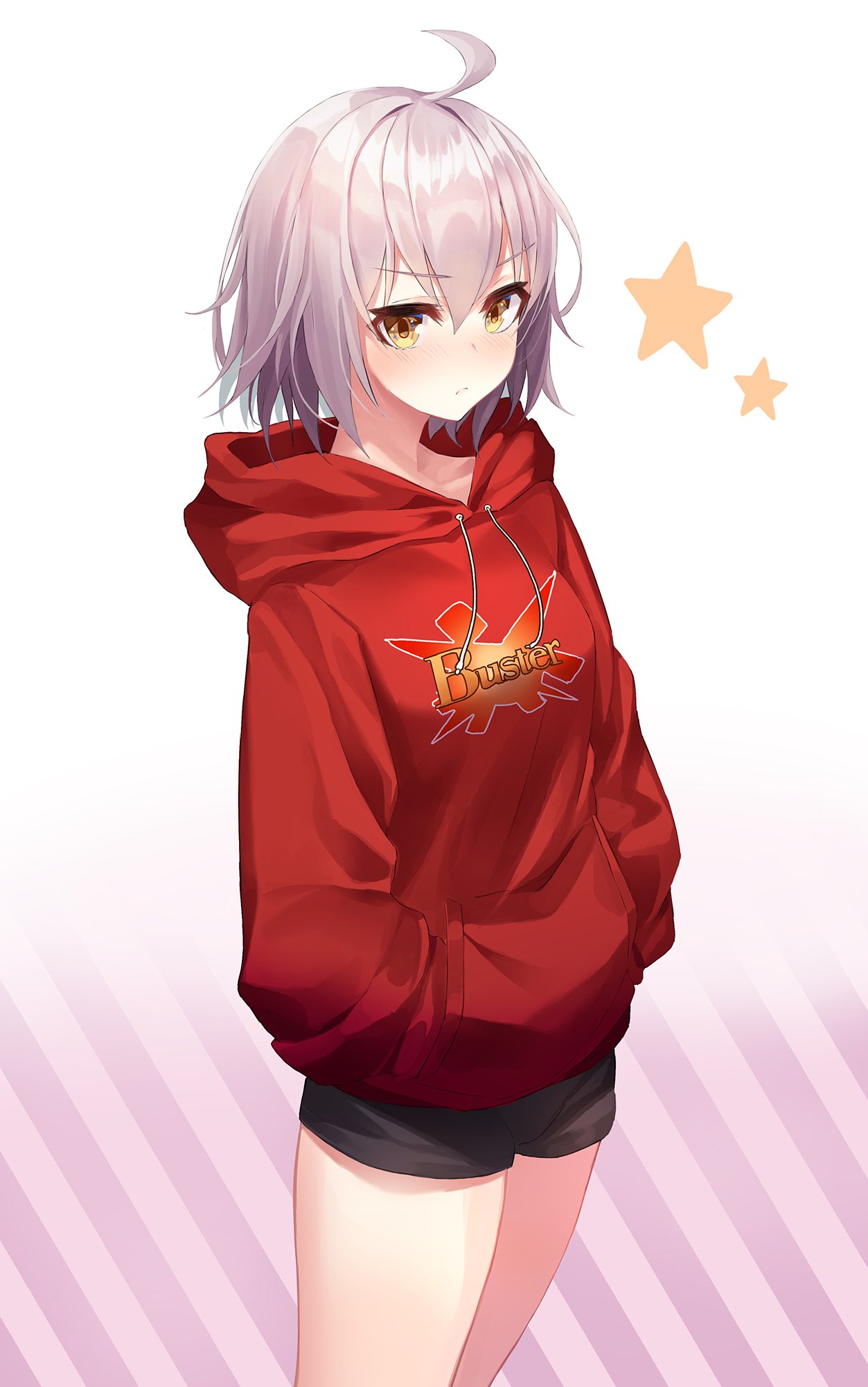 1girl, ahoge, black_shorts, brown_eyes, closed_mouth, clothes_writing, cowboy_shot, drawstring