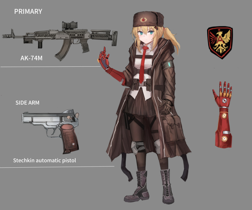 ak-74m, blonde_hair, blue_eyes, coat, full_body, fur_hat, gloves, gun